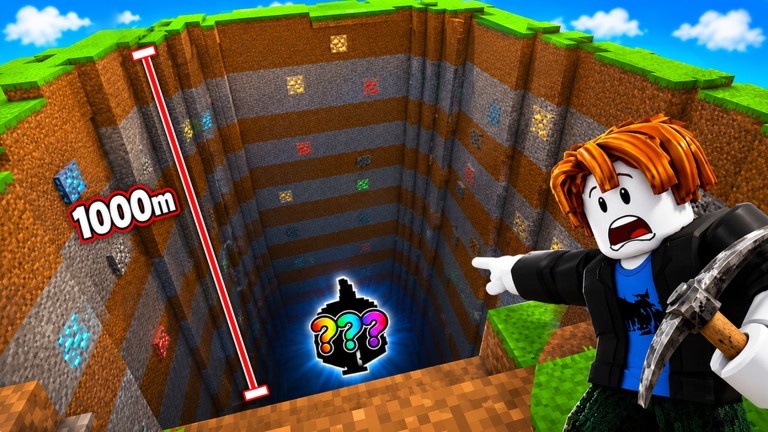 Dig Into Secrets miner pointing at a deep ore shaft with a pickaxe